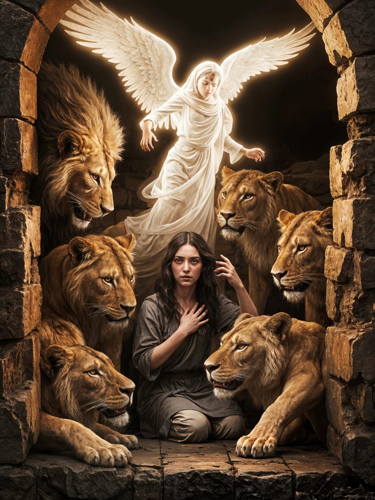 Terrified Woman Protected by Angel in Lions' Den