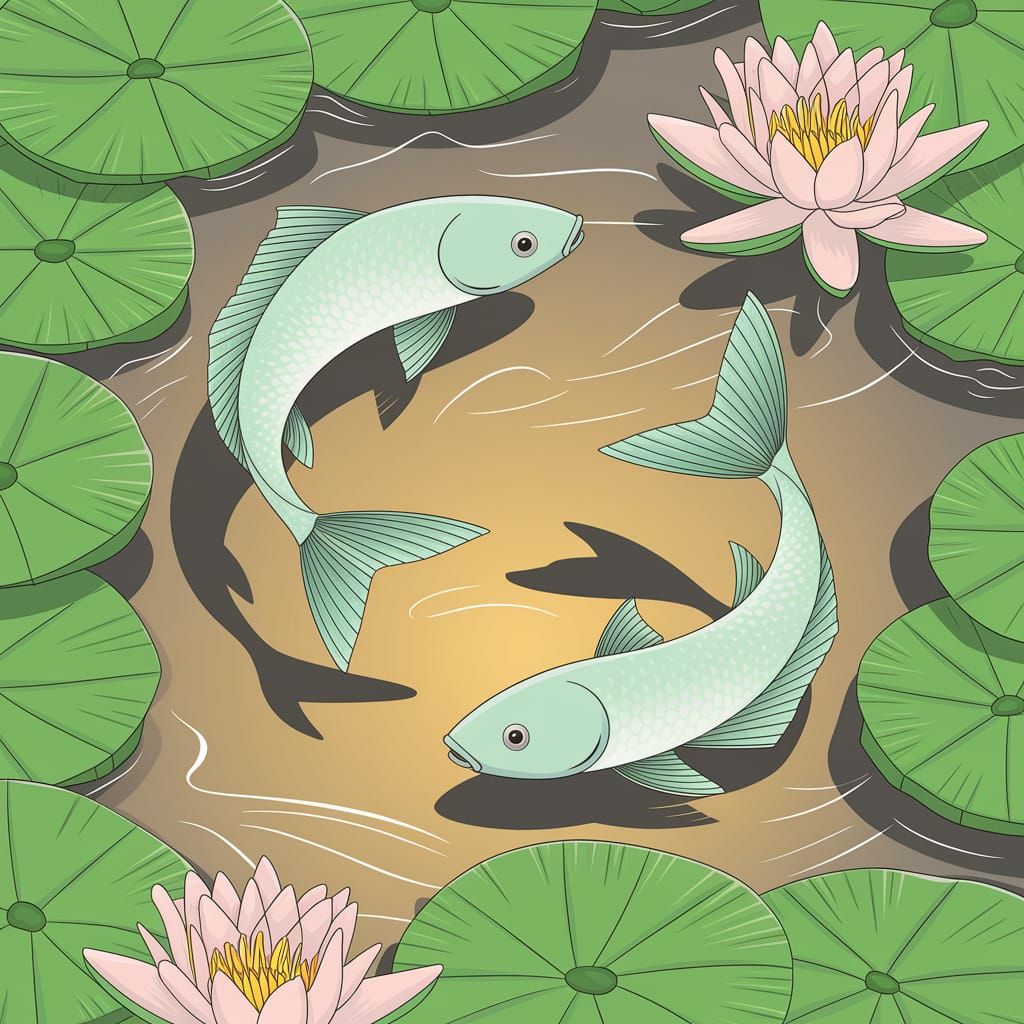 Surreal Water Scene with Swims of Green Fish Among Water Lil...