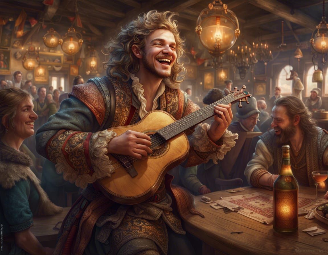 Fantasy Bard Performance in Crowded Tavern, Detailed Digital...