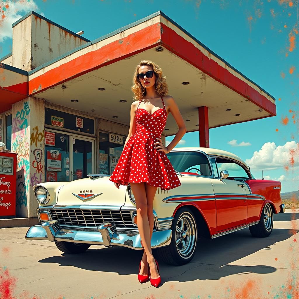 Pin-Up Girl at Retro Gas Station with Graffiti Art