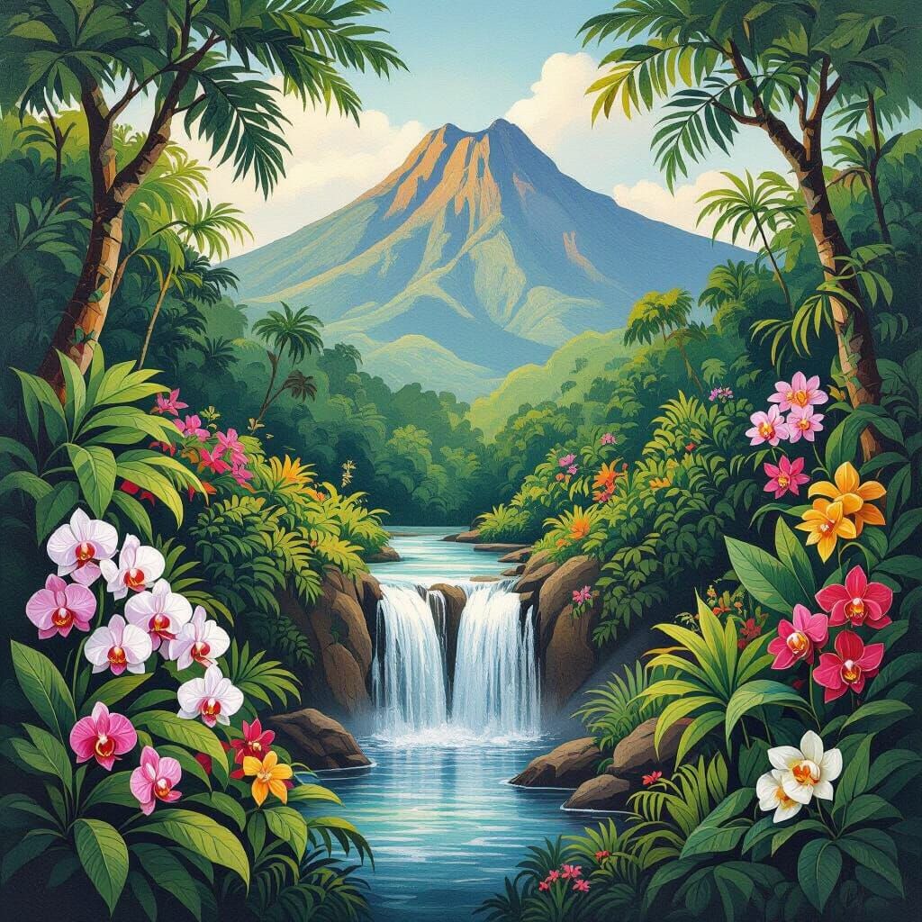 Lush Tropical Forest Waterfall in Naive Art Style