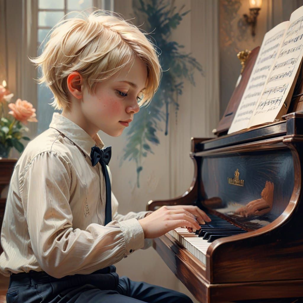 Artwork of a little blond boy playing the piano. The work ha...
