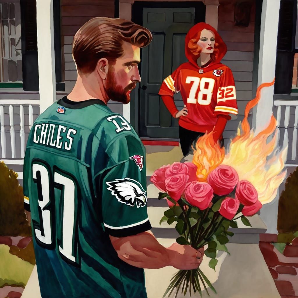 Philadelphia Eagles Fan Surrounded by Fiery Roses