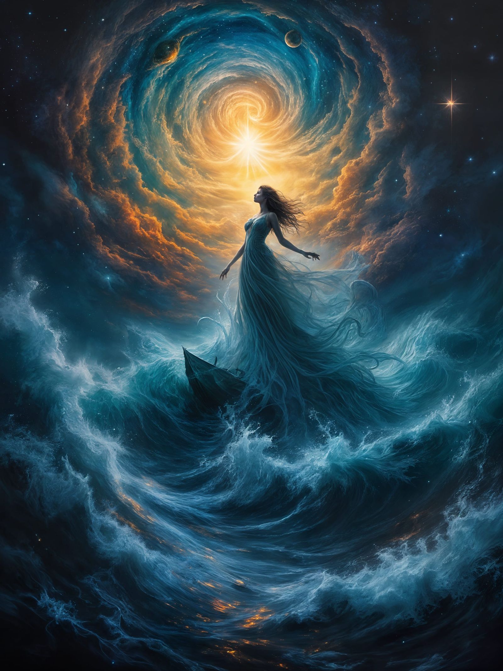 Cosmic Lady Emerges from Turbulent Ocean in Surreal Starry N...