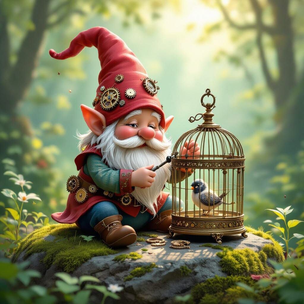 Clockwork Gnome Polishing Birdcage in Enchanted Forest