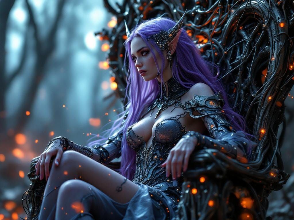 Elven Princess on Metal Throne in Cyberpunk Style