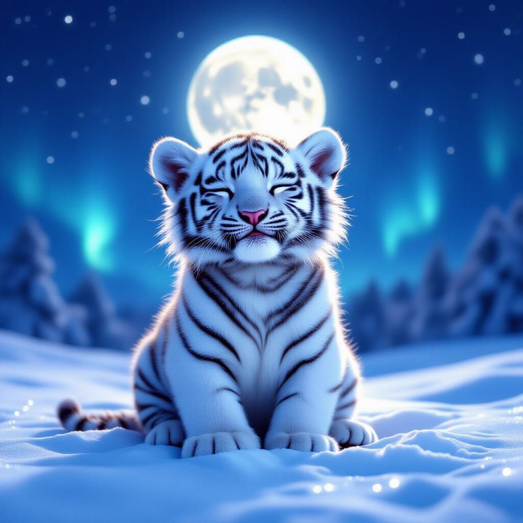 Ethereal White Tiger Cub Under Lunar Glow
