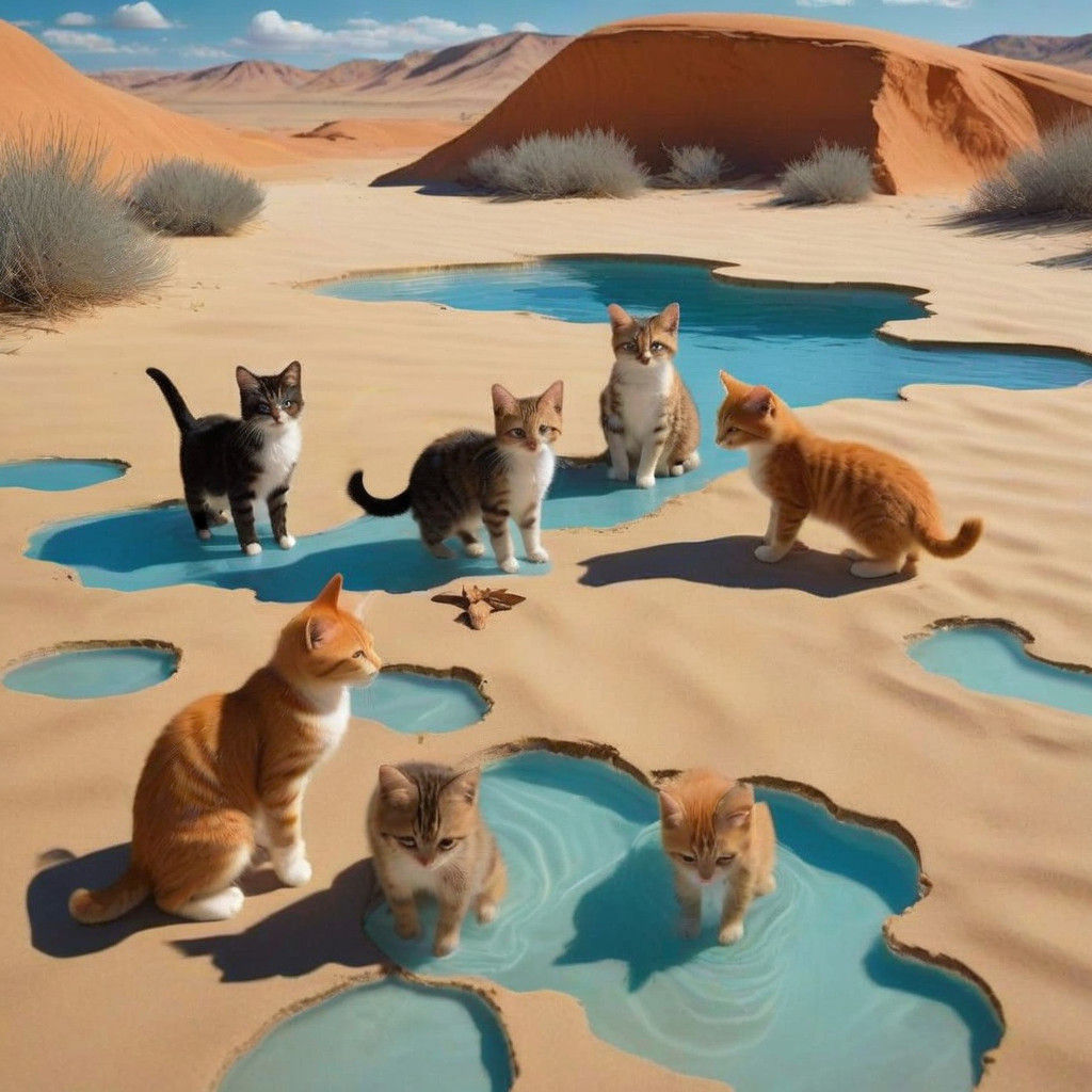 Whimsical Desert Oasis with Kittens