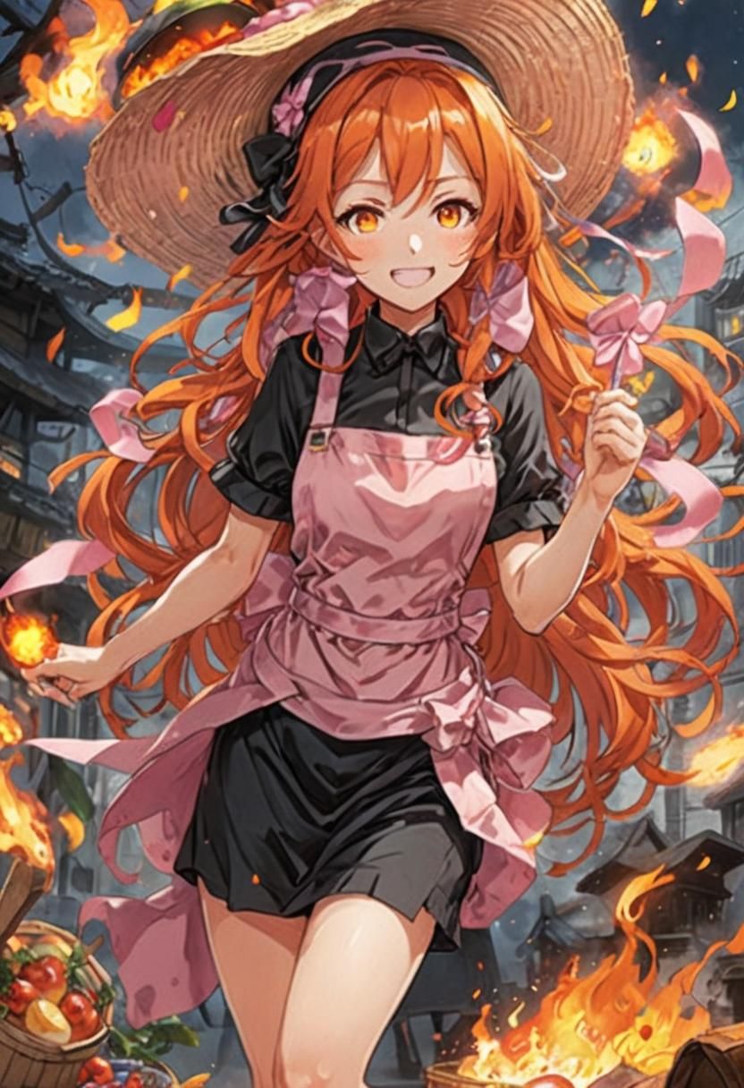 A woman made of fire. She has long, orange-red hair and oran...