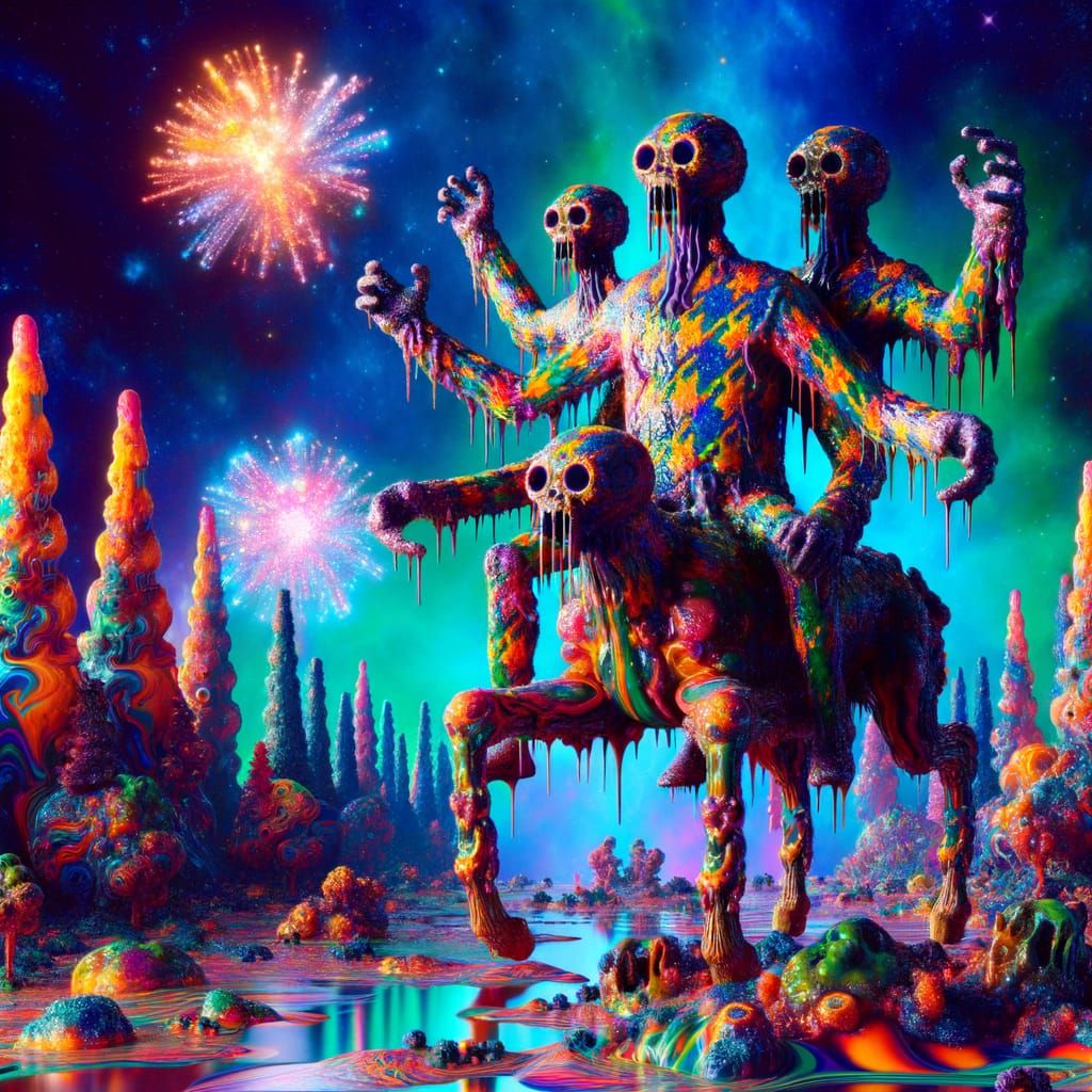 Ethereal Horror Scene in Vibrant Melting Landscape