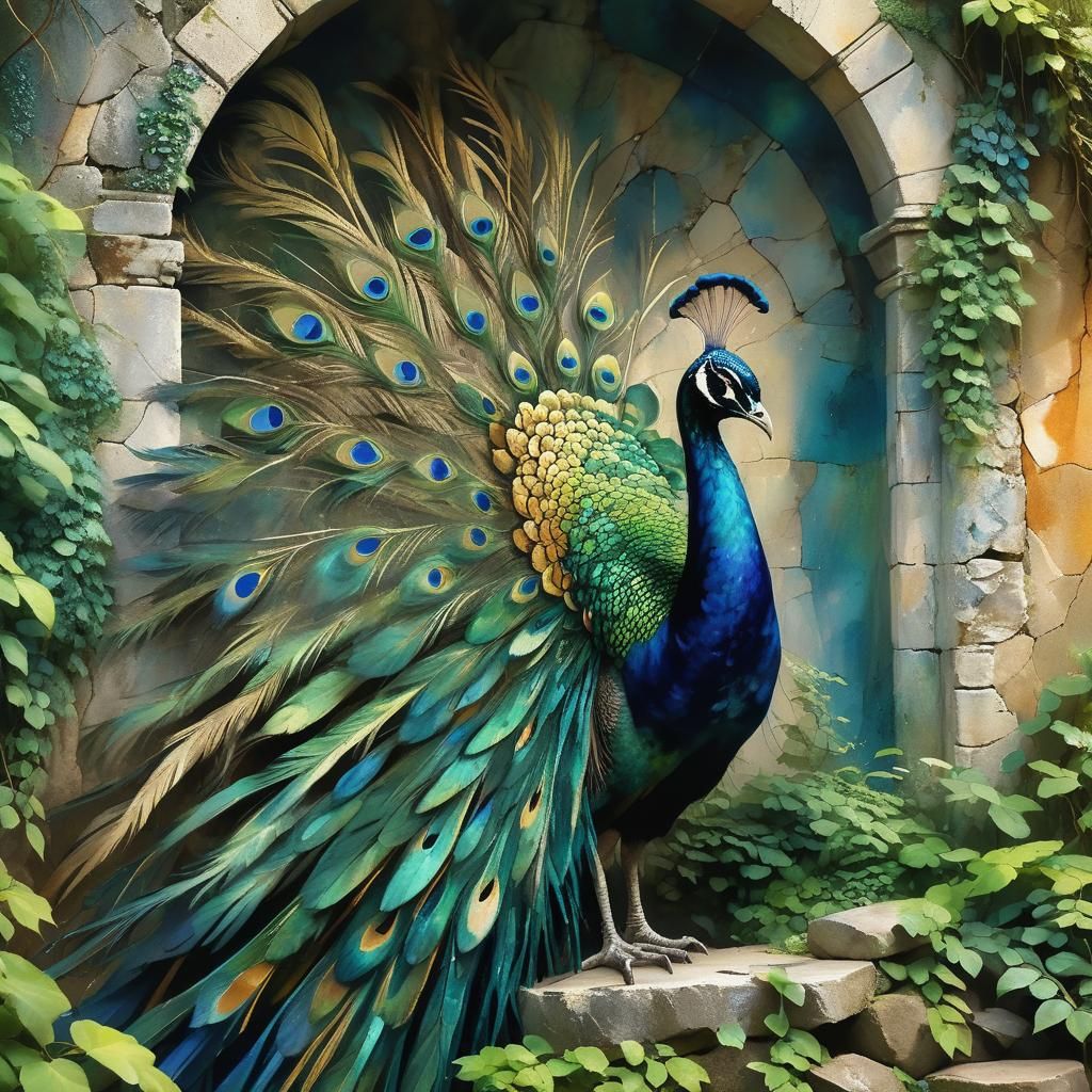 Majestic Peacock Displaying Plumage in Golden Light