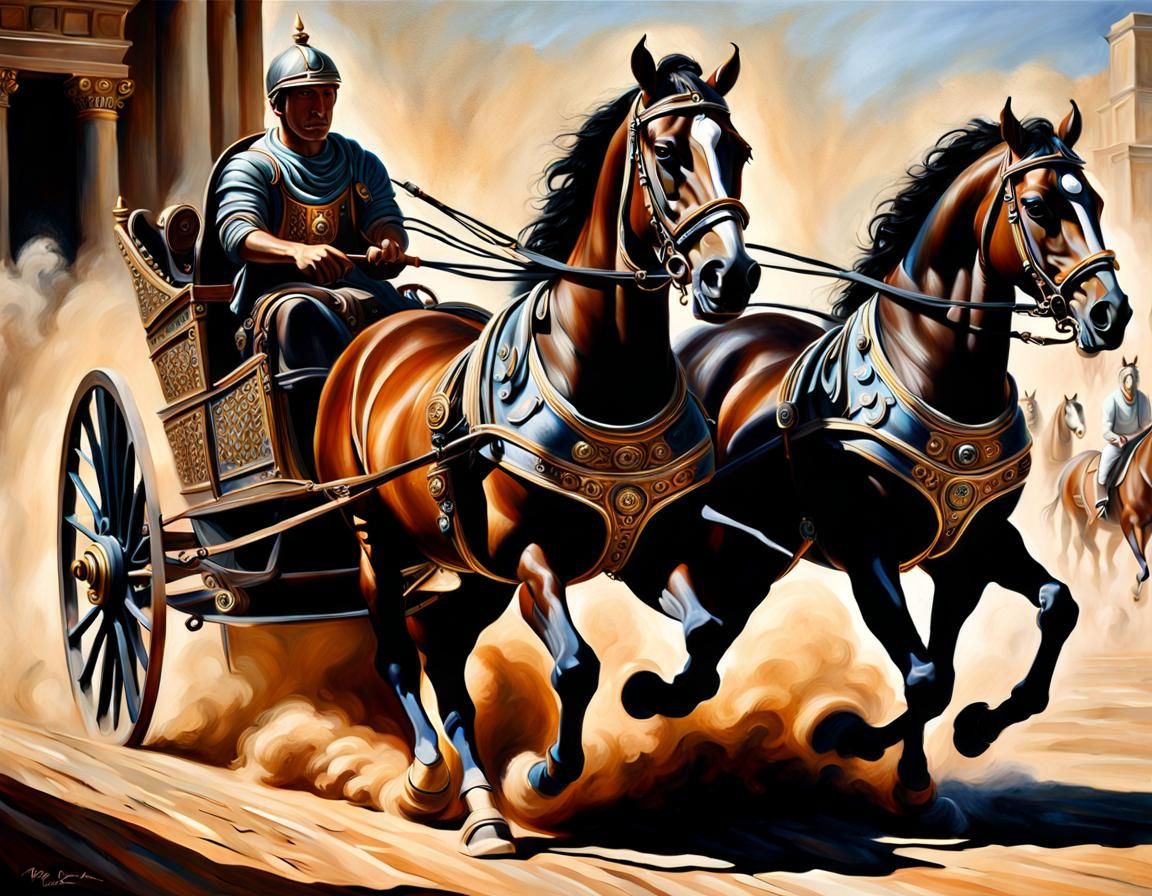 Detailed Oil Painting of Roman Chariot