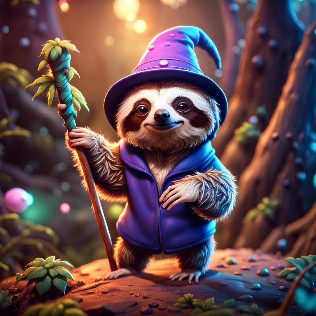 Whimsical Wizard Sloth in Detailed Digital Painting