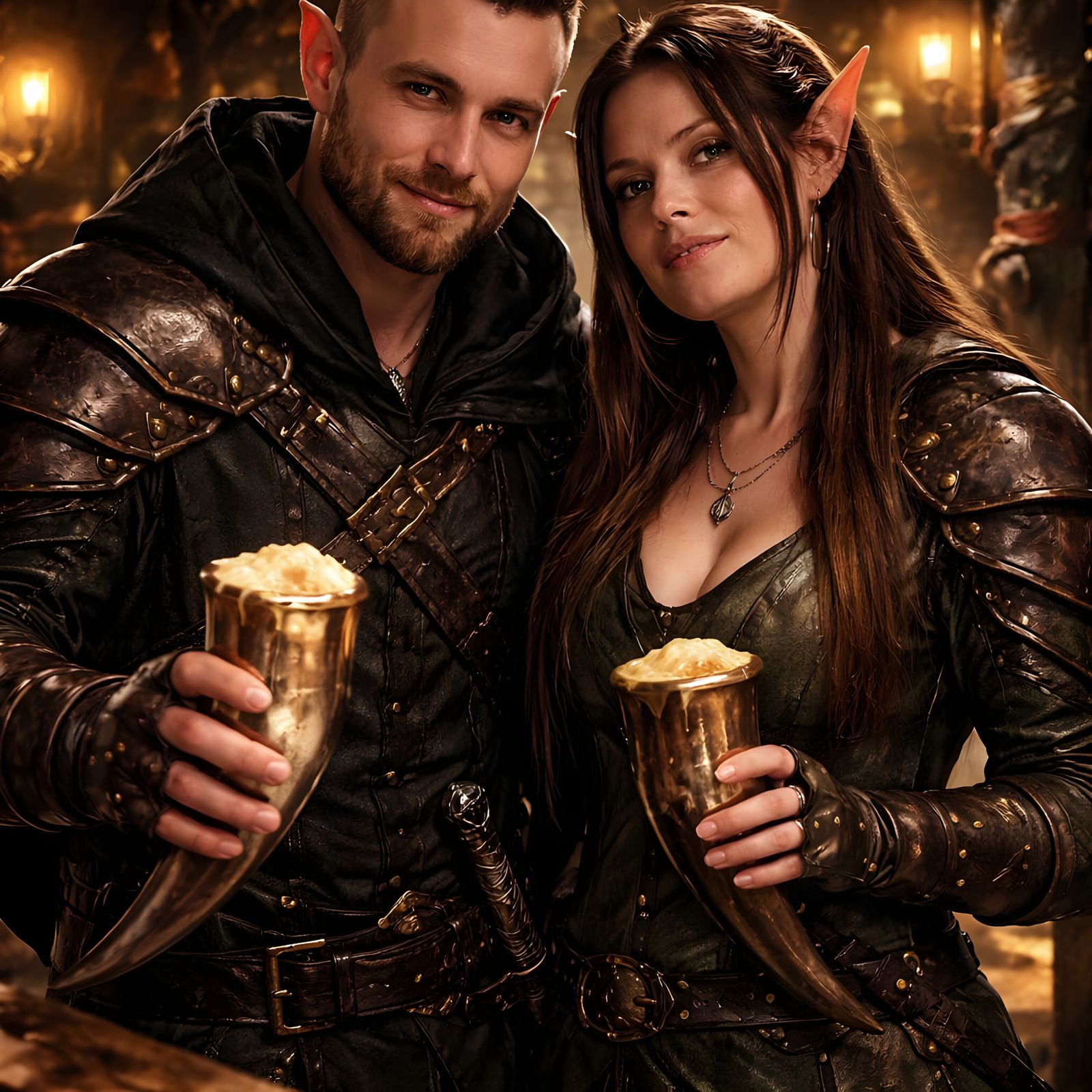 Elven Rogues Drinking Mead in Fantasy Tavern