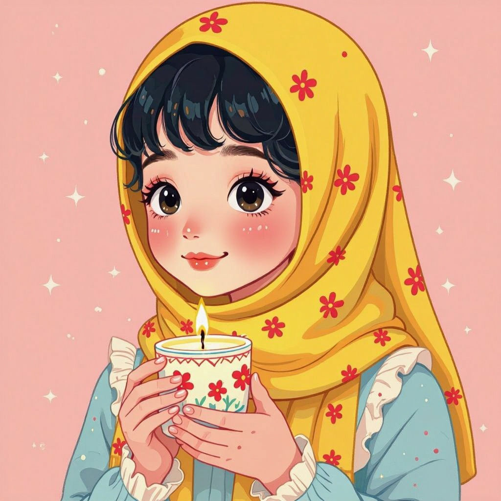 Girl with Candle in Cute Cartoon Style Portrait