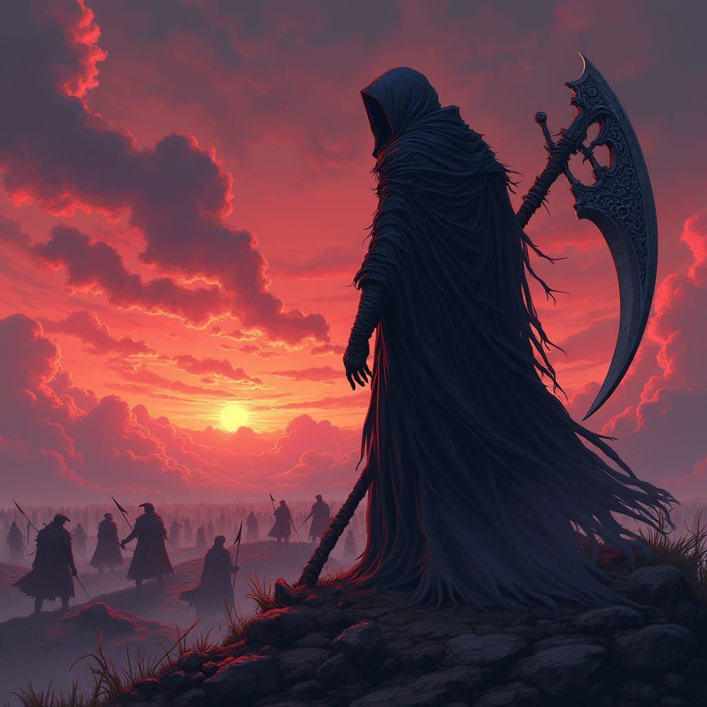 Dark Fantasy Reaper Surveys Battlefield in Anime Style