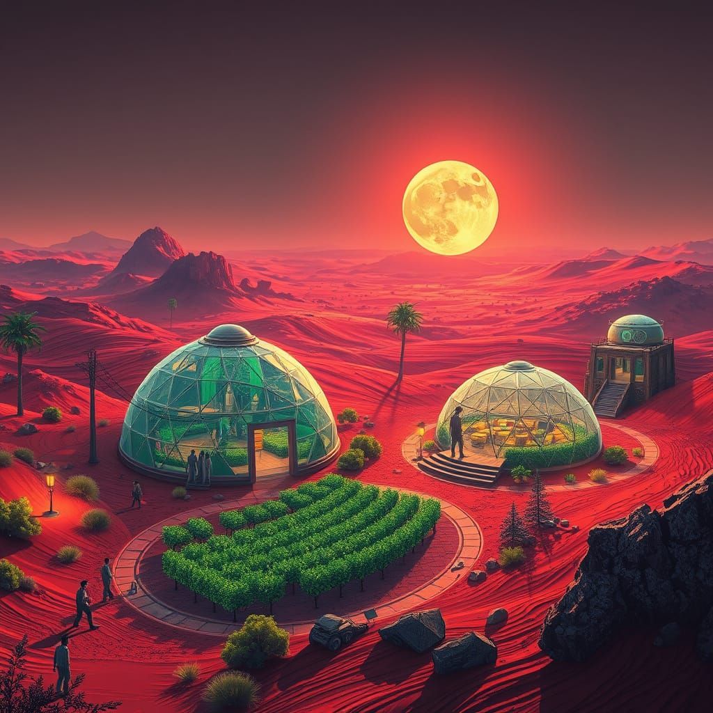 Solarpunk Settlement on Mars with Vibrant Gardens and Geodes...