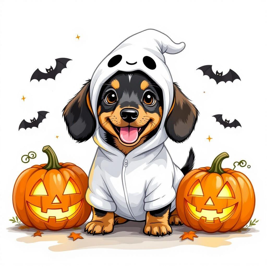 Happy Dachshund Puppy Ghost, Halloween Illustration