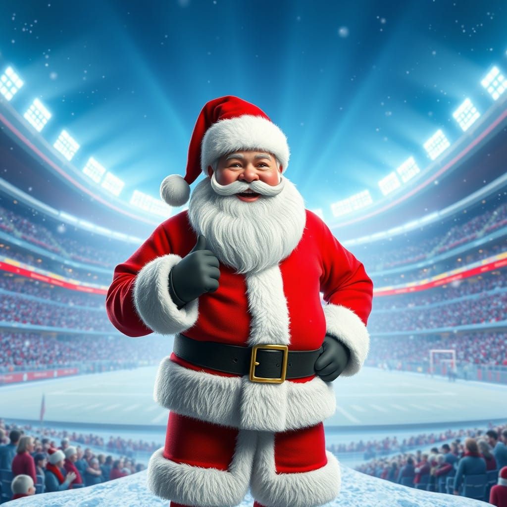 Jolly Santa Claus Stands Tall in Snowy Stadium Scene
