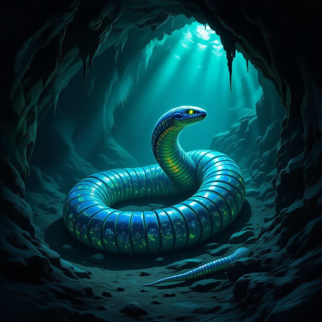 Serpentine Worm Body in Bioluminescent Cave