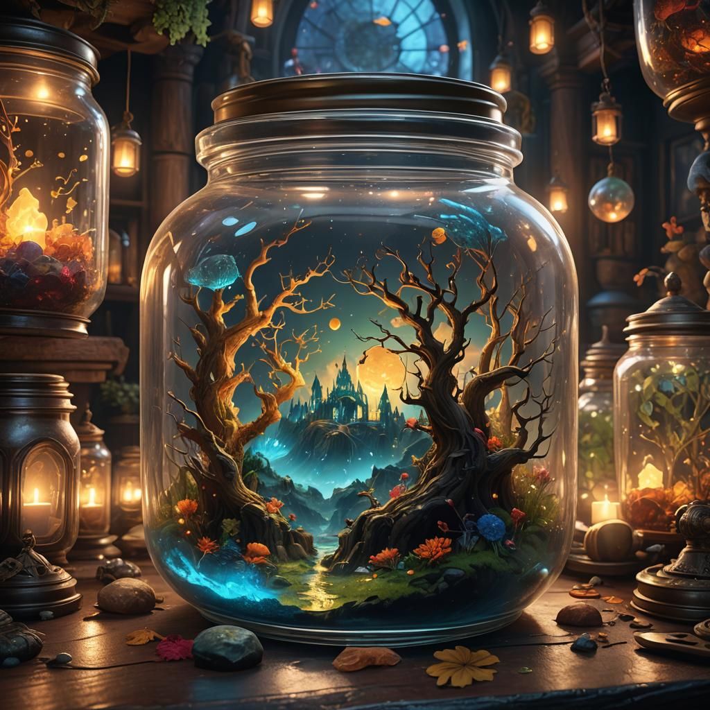 Fantastical World Inside a Lighted Jar
