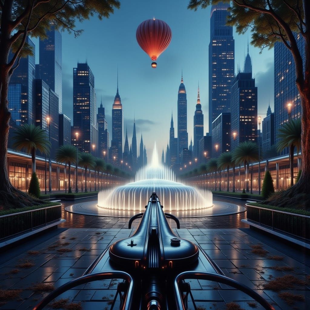 Futuristic Cityscape with Violinist in Nostalgic Style