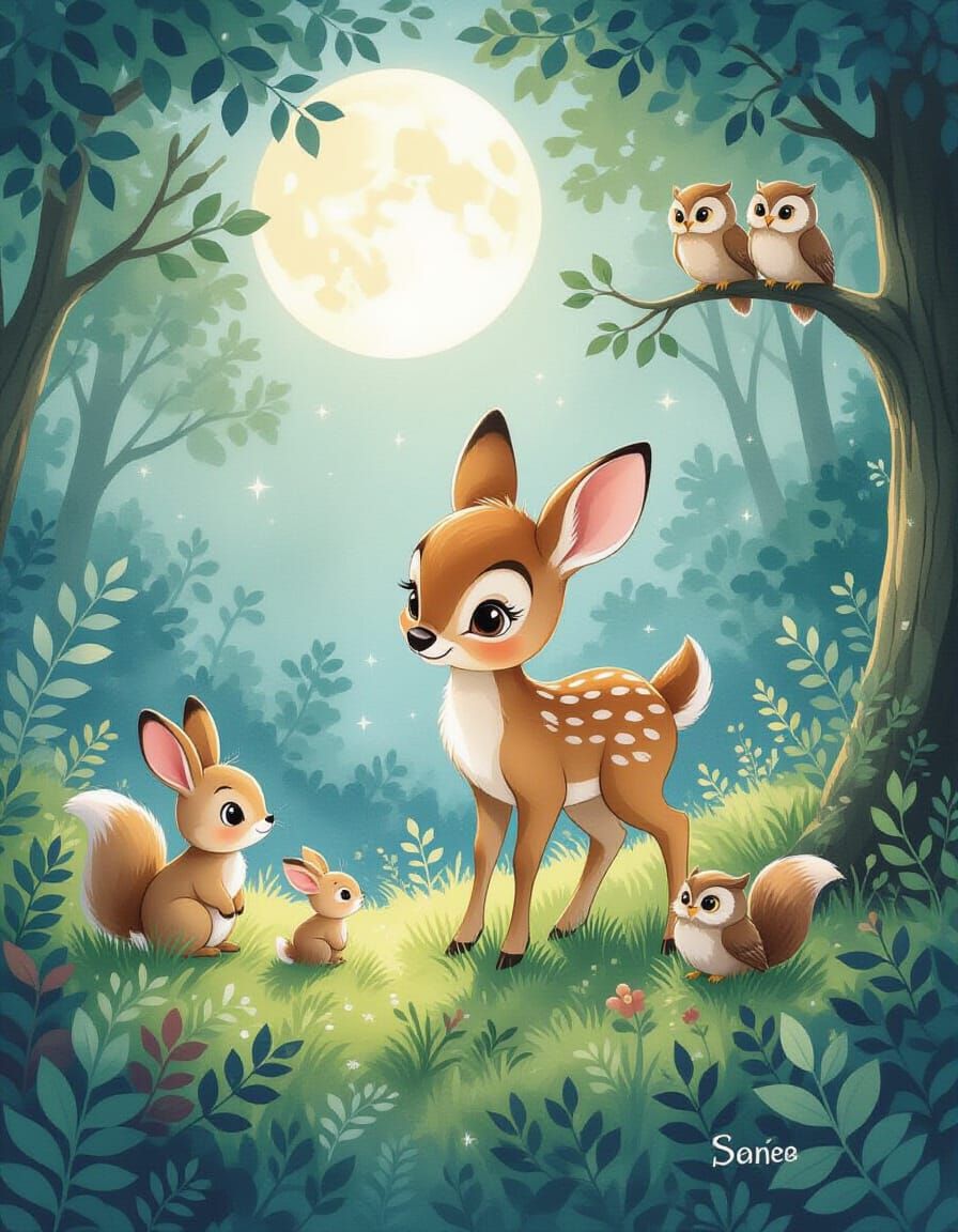 Whimsical Forest Friends Under Full Moon
