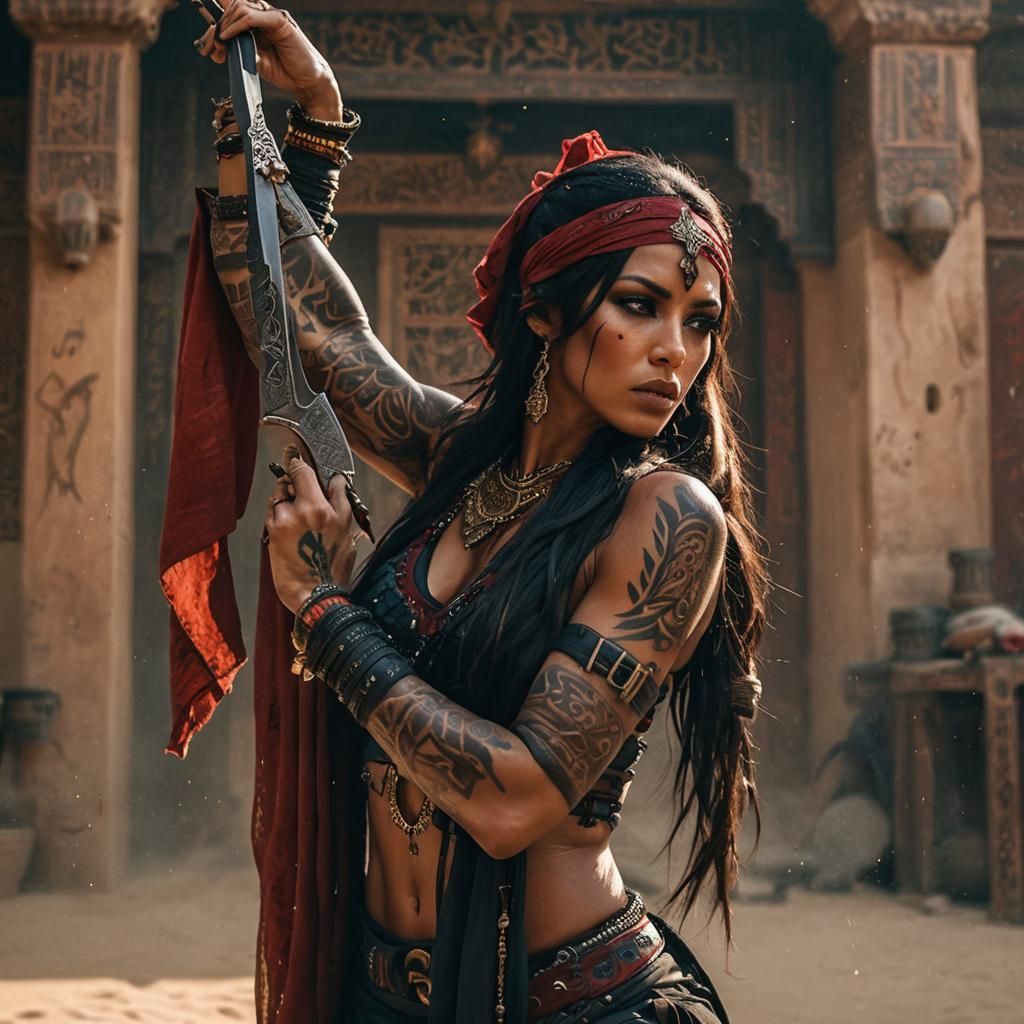 Arabian Woman Assassin with Knife: Cinematic Still