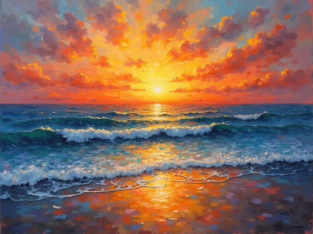 Dynamic Sunset Waterscape in Cubist Style