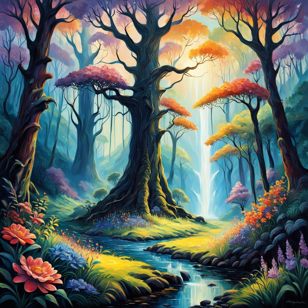 Lush Mystical Forest at Dawn: Maximalist Oil Painting