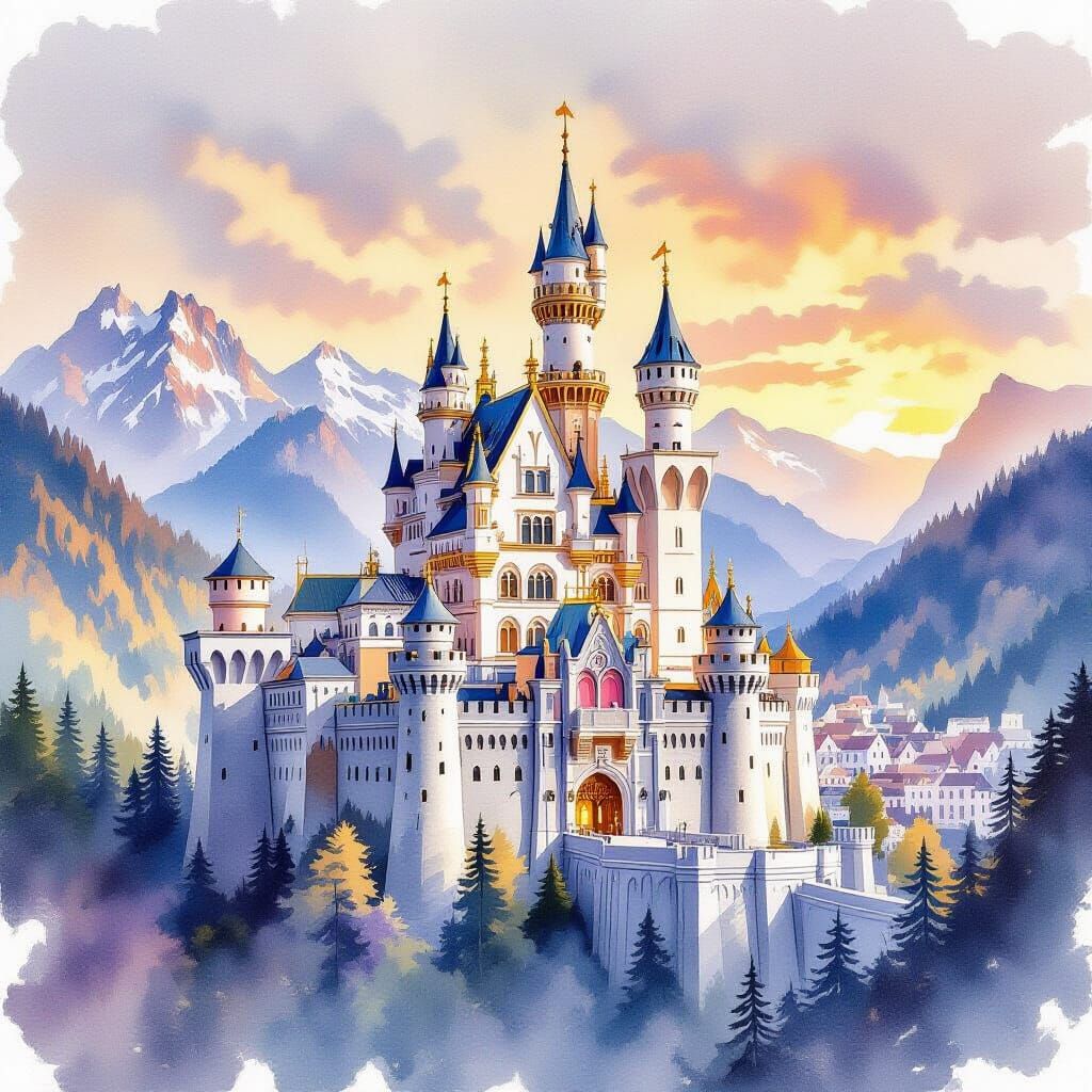 Romantic Watercolor of Neuschwanstein Castle in Golden Hour ...