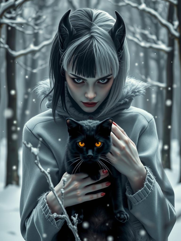 Cruella with Black Cat in Snowy Forest