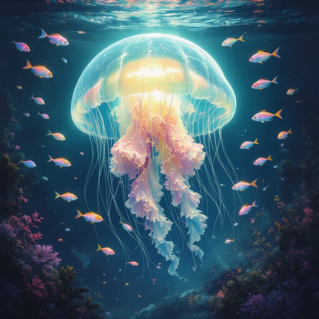 Bioluminescent Jellyfish in Alien Ocean, Watercolor Art