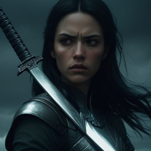 Dramatic Close-Up: Sword to Throat in Cinematic Style