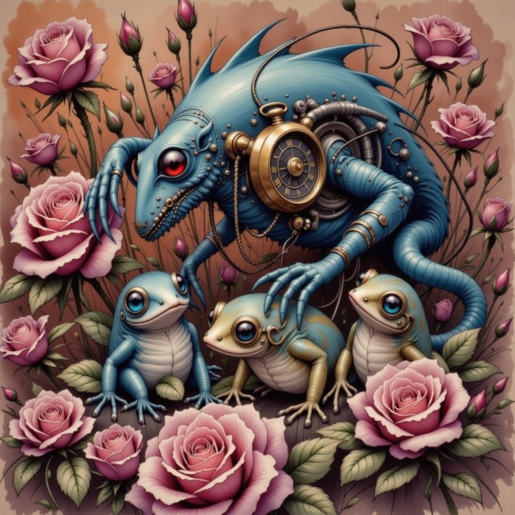 Surreal Blue Animal in Steampunk Rose Garden