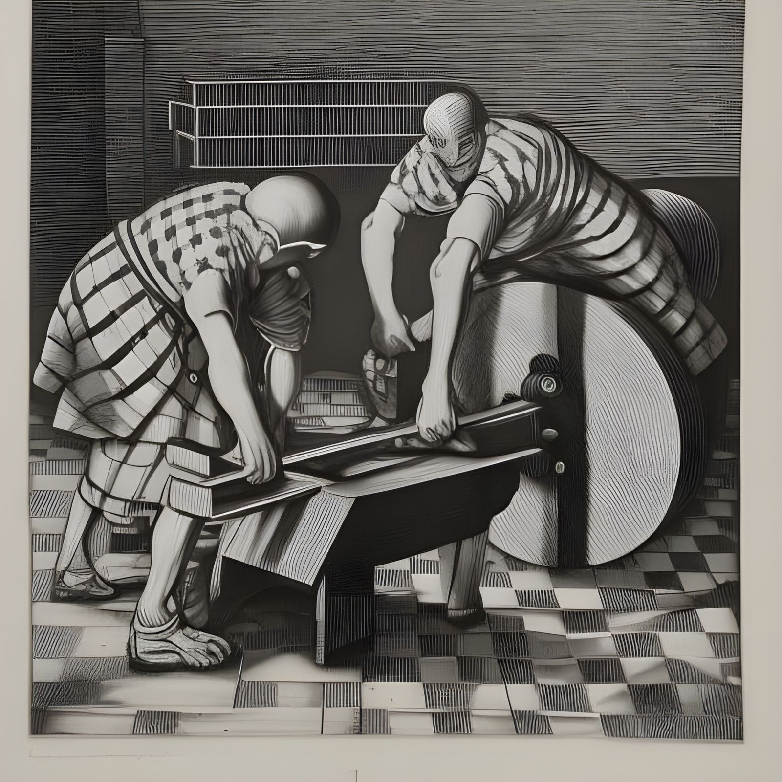 Checkered Workers Forging Wheel in Linocut Style