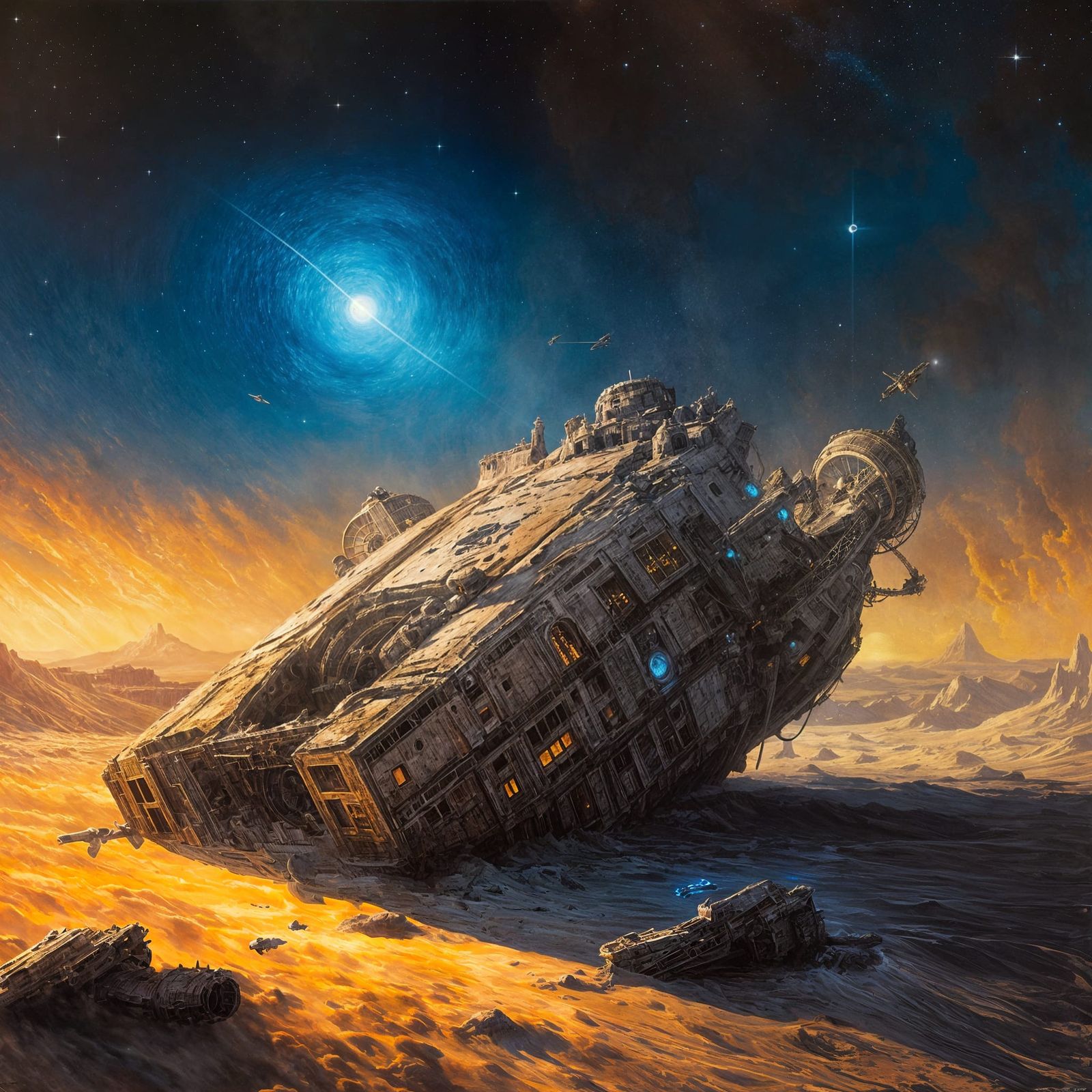 Abandoned Industrial Spaceship on a Twilight Moonscape