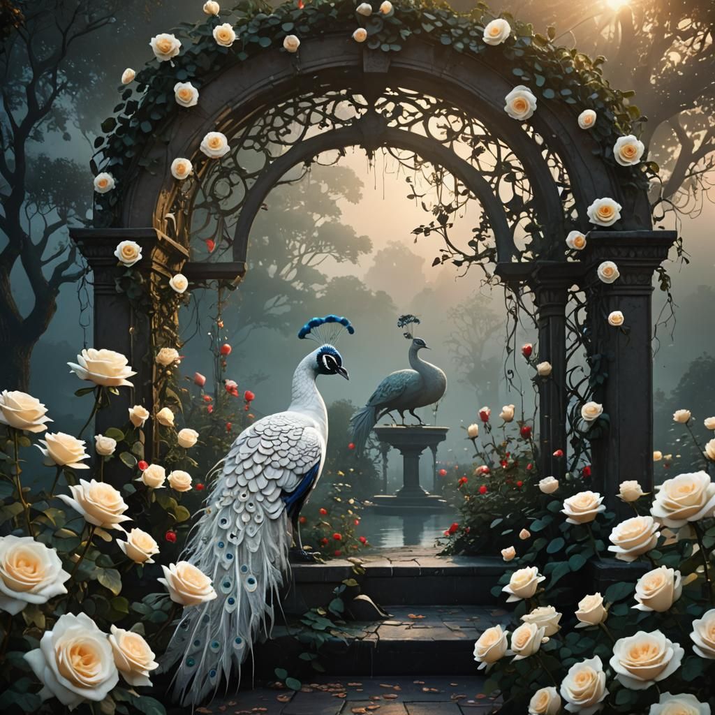 a white peacock sitting on an arch of roses 
in the mystical...