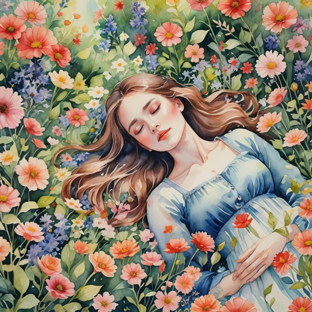 Ethereal Dreamcore: Woman in Watercolor Flower Garden