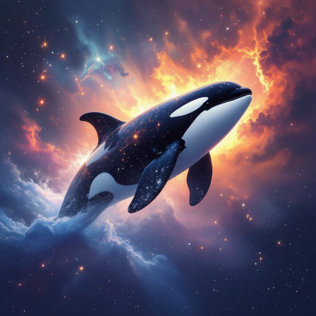 Cosmic Orca Breaching Nebula in Hyperrealistic Style