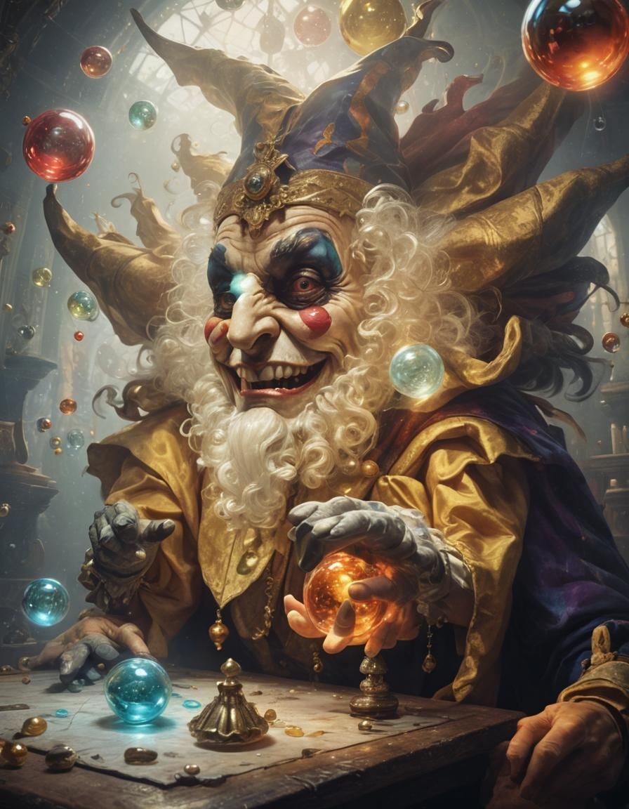 Evil Jester Juggling Faces in Glass Spheres