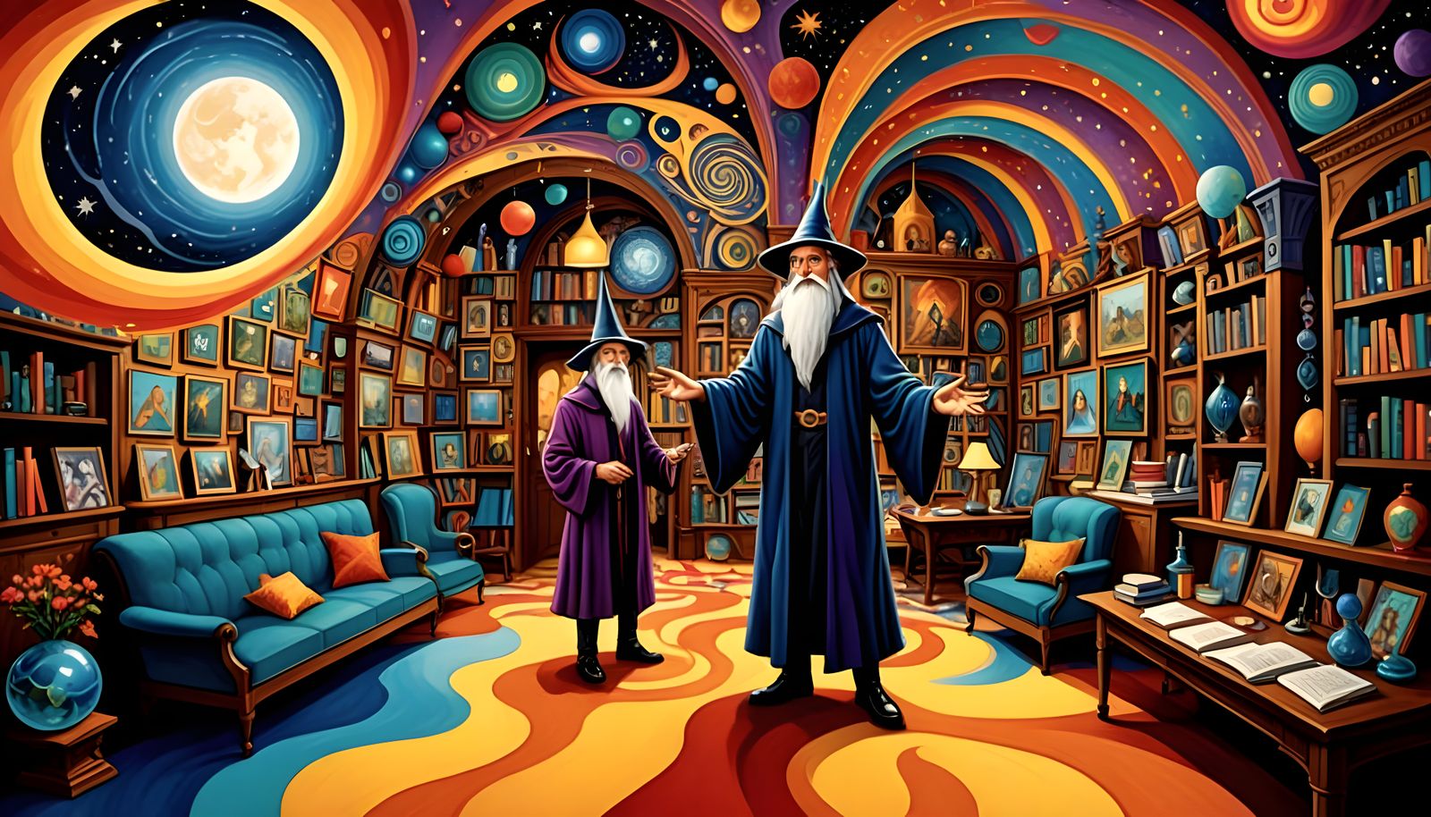 Surreal Wizard's Study in Vibrant Colors and Whimsical Style
