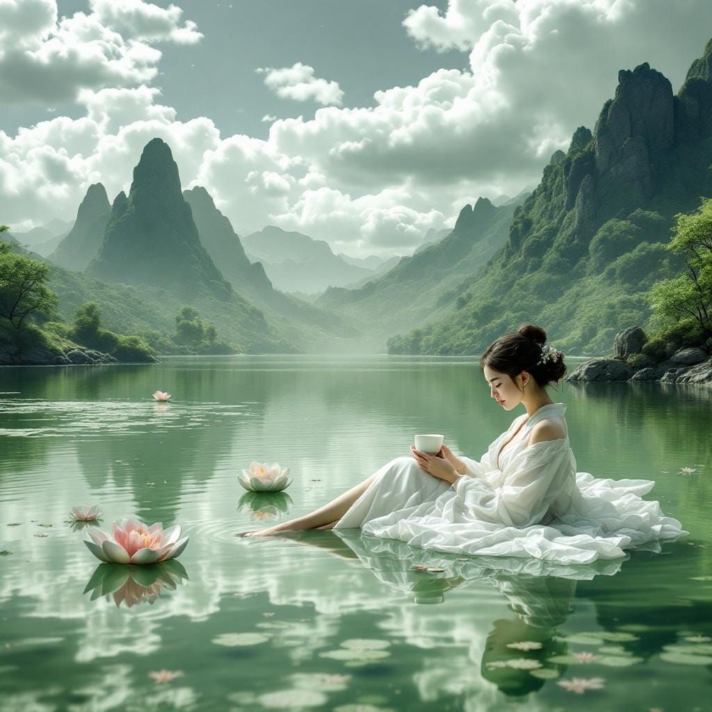 Tranquil Tea Lake with Porcelain Mountains