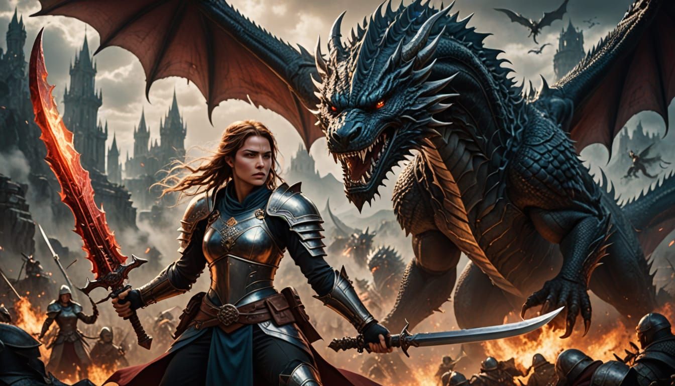 Epic Fantasy Warrior Battles a Majestic Dragon in a Heroic S...
