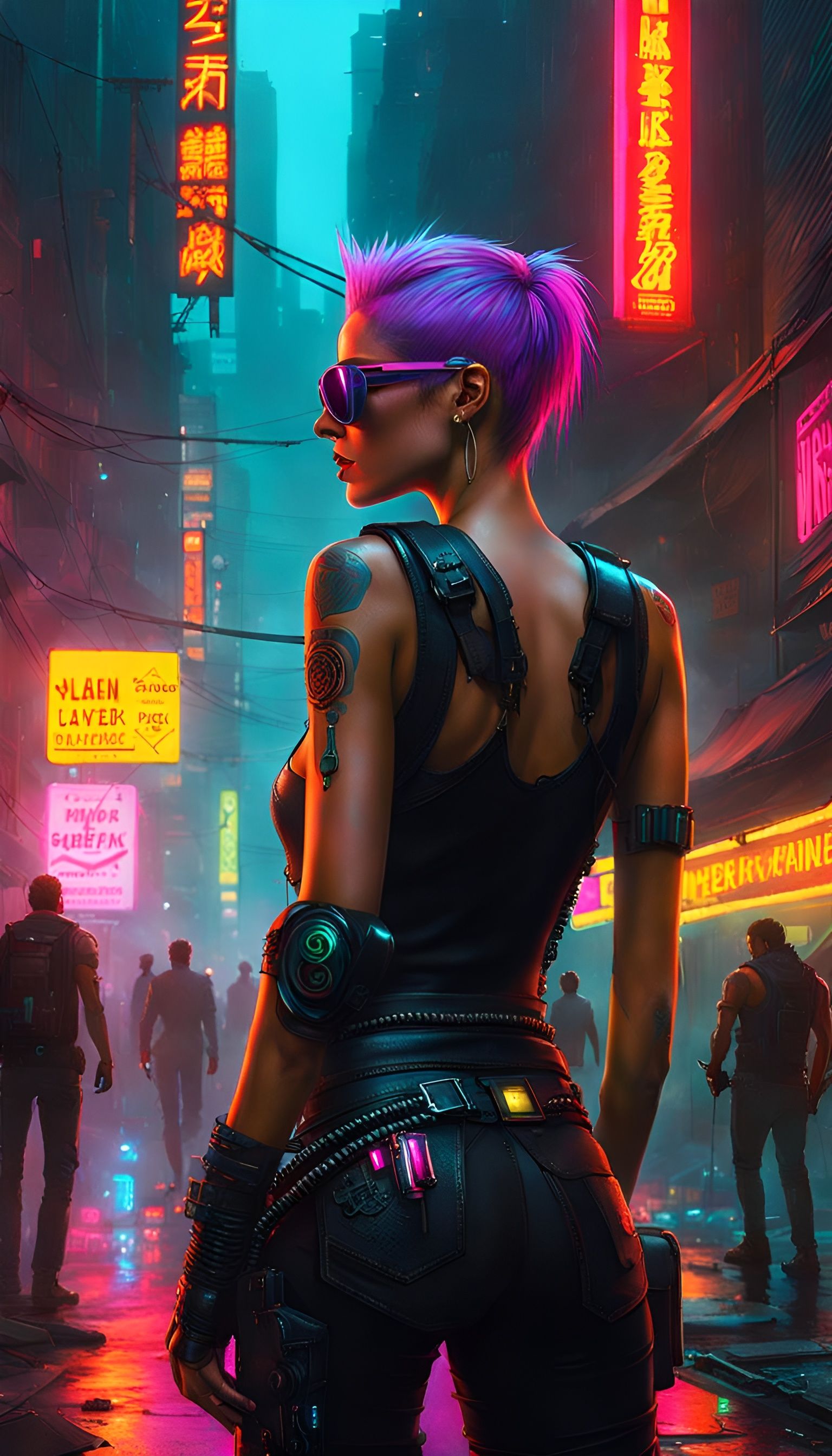 Cyberpunk Woman in Rainy Neon Street Scene