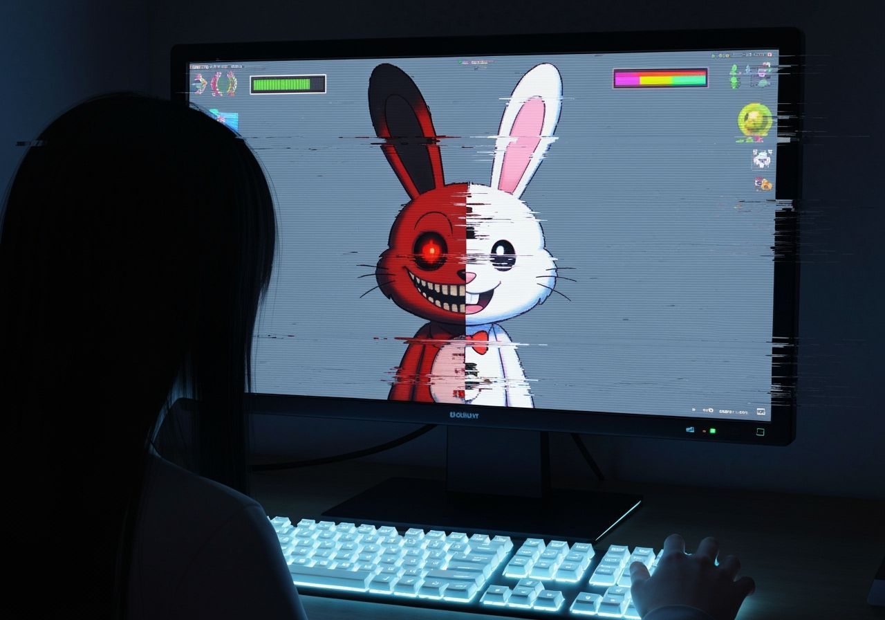 Creepy Glitch Bunny Video Game Scene