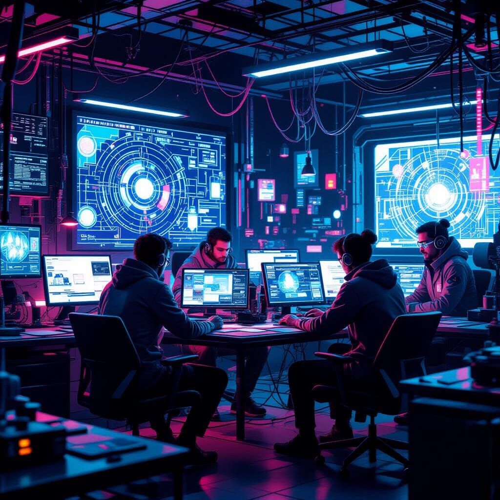 Futuristic Cyberpunk Lab with Brilliant Programmers
