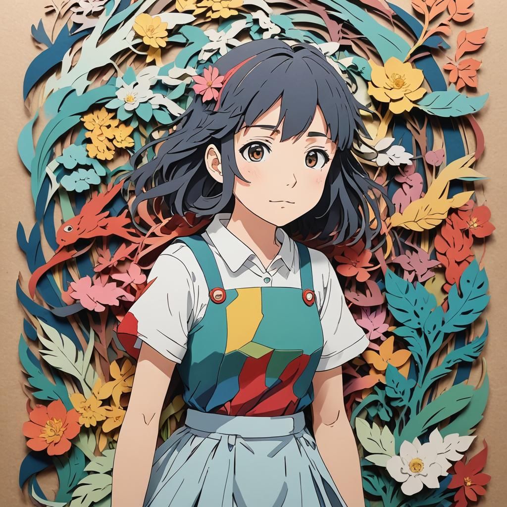 Anime Girl Paper Cut Art in Ghibli Style