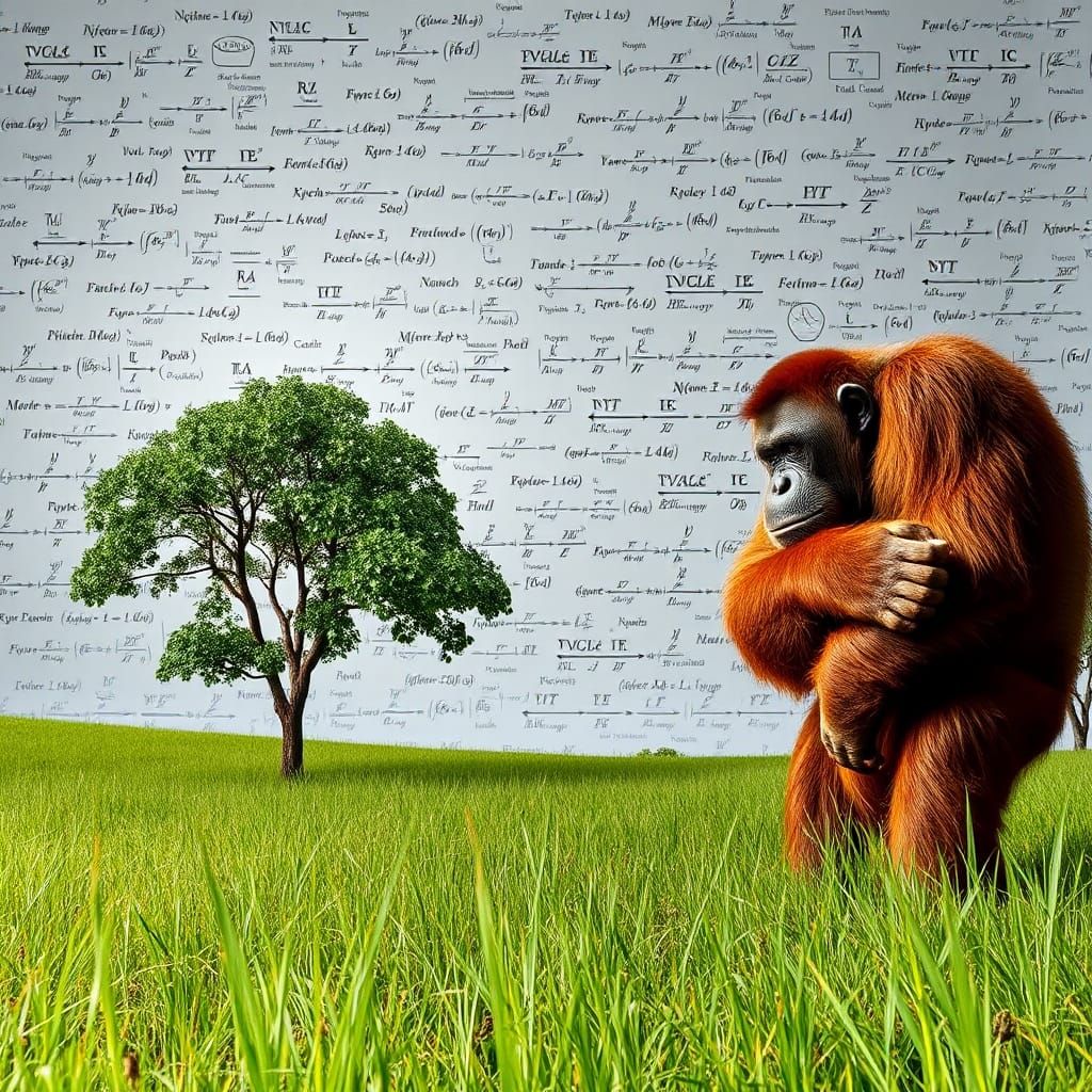 Orangutans in Meadow with Mathematical Backdrop