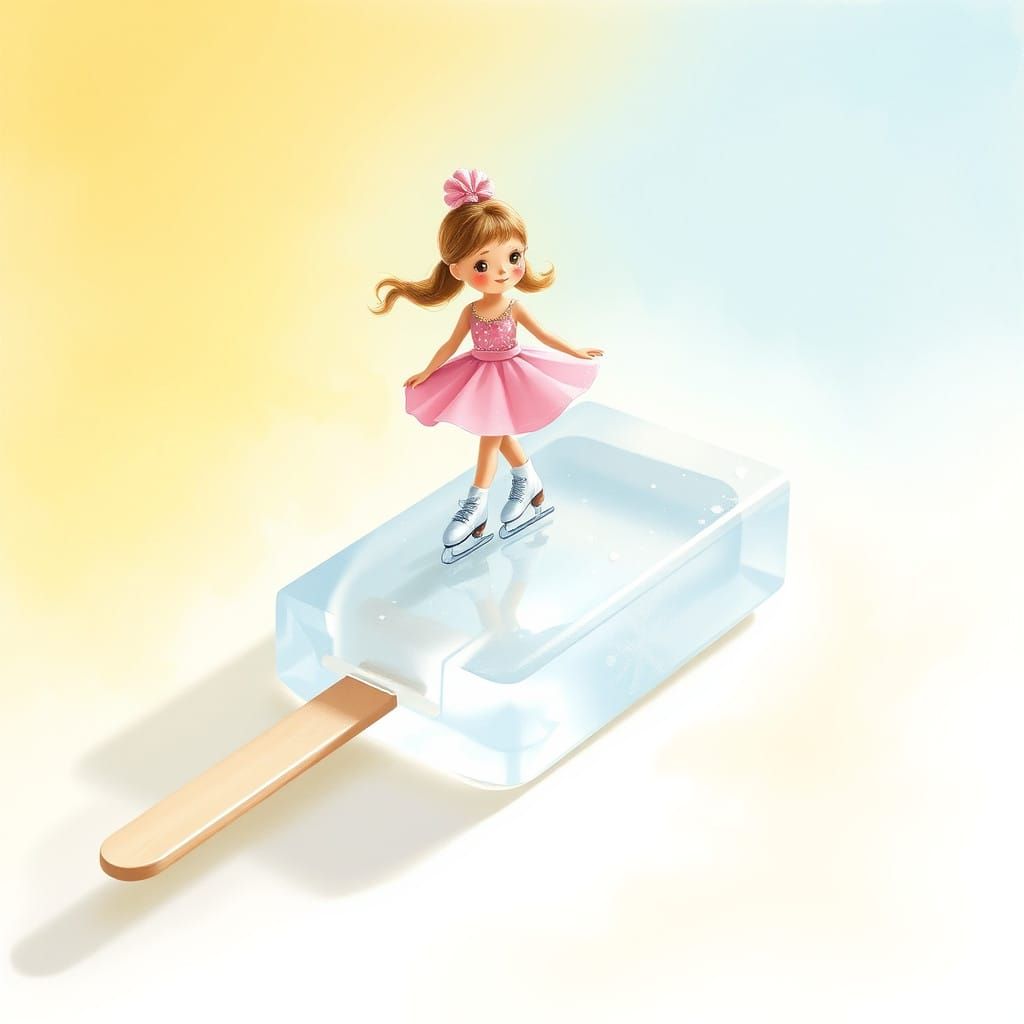 Delicate Ice Pop Scene with Tiny Ice Skater in Whimsical Sty...